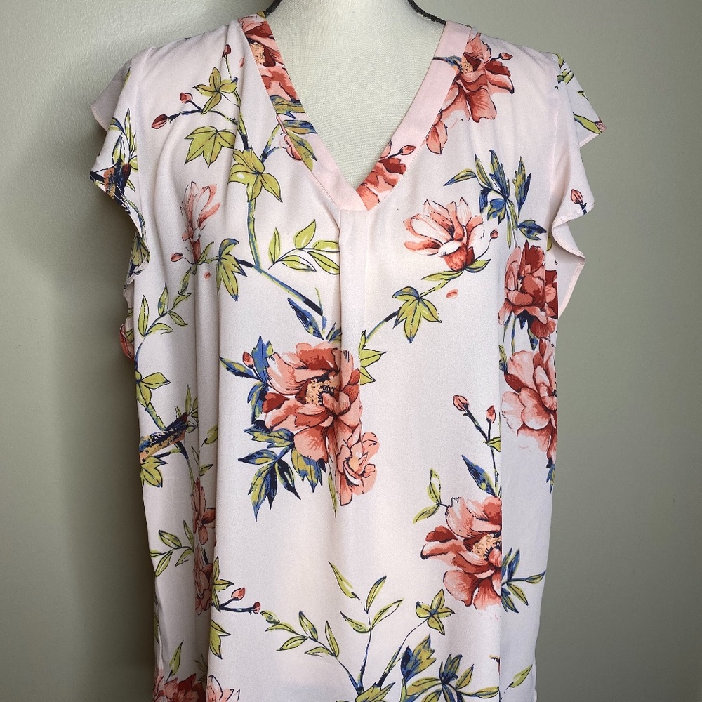 Premise Pink Floral Ruffle Sleeve Blouse